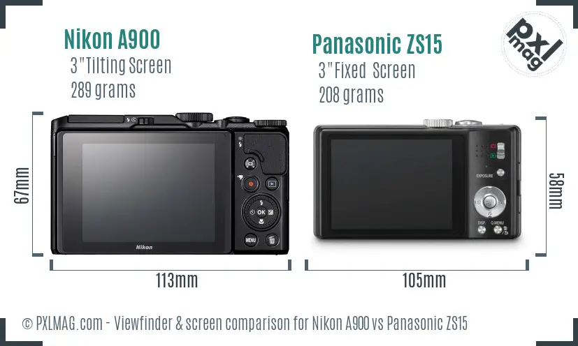 Nikon A900 vs Panasonic ZS15 Screen and Viewfinder comparison
