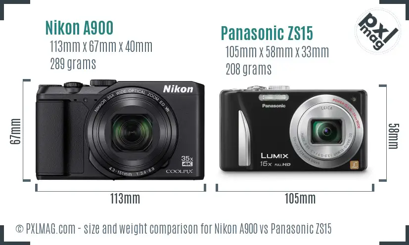 Nikon A900 vs Panasonic ZS15 size comparison