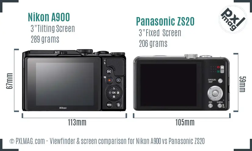 Nikon A900 vs Panasonic ZS20 Screen and Viewfinder comparison