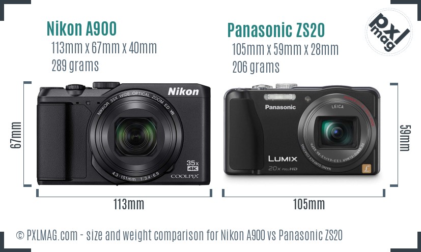 Nikon A900 vs Panasonic ZS20 size comparison