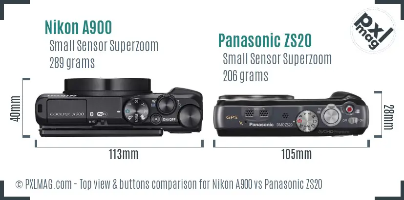 Nikon A900 vs Panasonic ZS20 top view buttons comparison