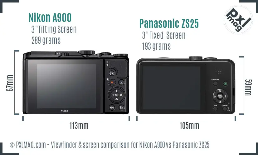 Nikon A900 vs Panasonic ZS25 Screen and Viewfinder comparison