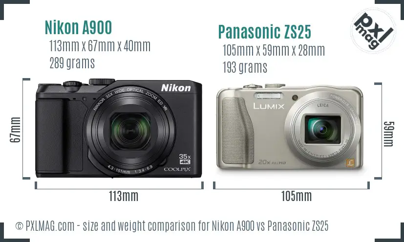 Nikon A900 vs Panasonic ZS25 size comparison