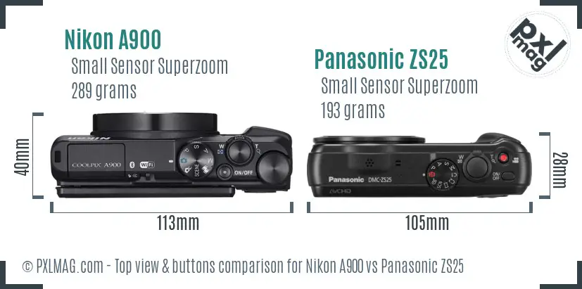 Nikon A900 vs Panasonic ZS25 top view buttons comparison