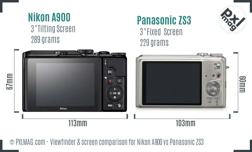Nikon A900 vs Panasonic ZS3 Screen and Viewfinder comparison