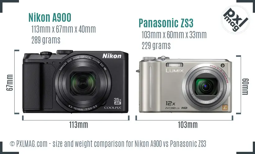 Nikon A900 vs Panasonic ZS3 size comparison