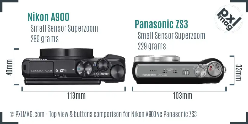 Nikon A900 vs Panasonic ZS3 top view buttons comparison