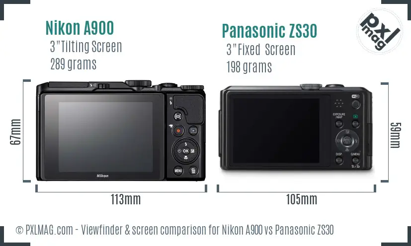 Nikon A900 vs Panasonic ZS30 Screen and Viewfinder comparison