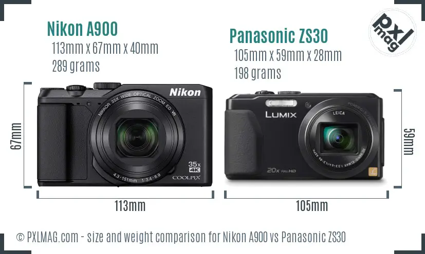 Nikon A900 vs Panasonic ZS30 size comparison