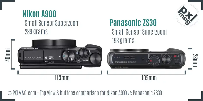 Nikon A900 vs Panasonic ZS30 top view buttons comparison