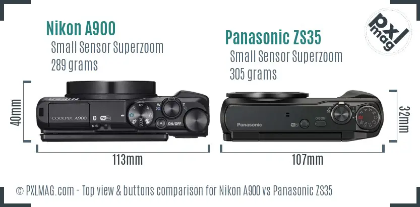 Nikon A900 vs Panasonic ZS35 top view buttons comparison