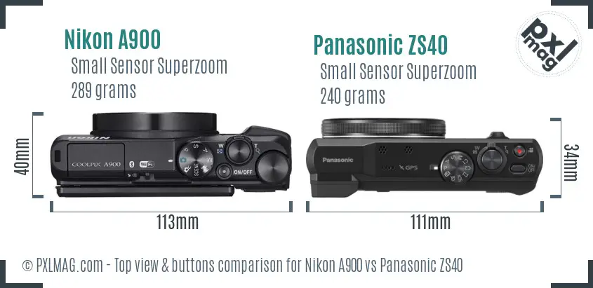 Nikon A900 vs Panasonic ZS40 top view buttons comparison