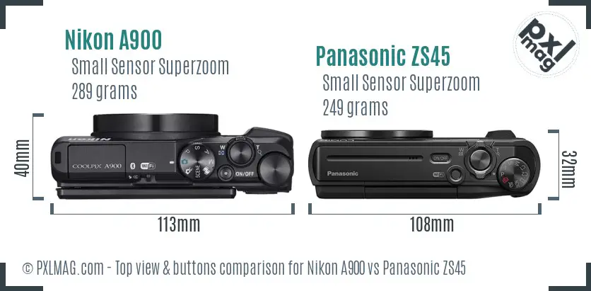 Nikon A900 vs Panasonic ZS45 top view buttons comparison