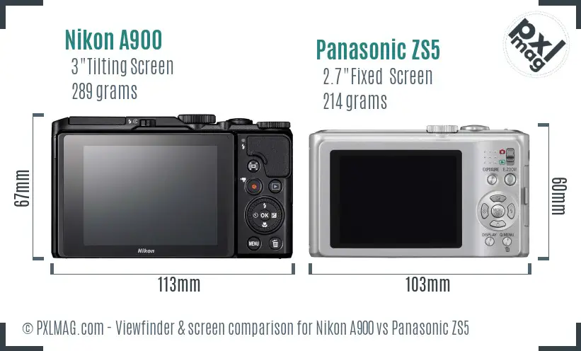 Nikon A900 vs Panasonic ZS5 Screen and Viewfinder comparison