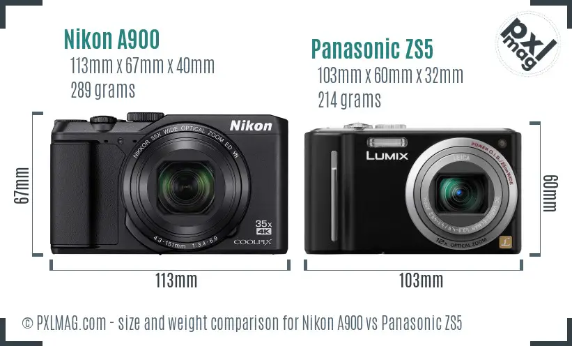 Nikon A900 vs Panasonic ZS5 size comparison