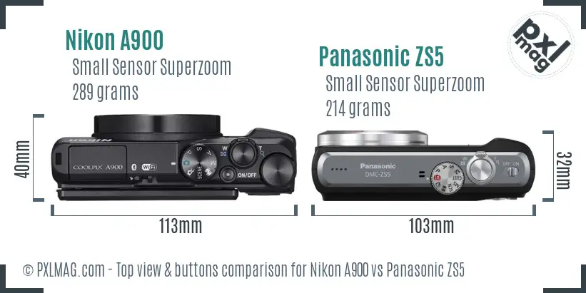 Nikon A900 vs Panasonic ZS5 top view buttons comparison