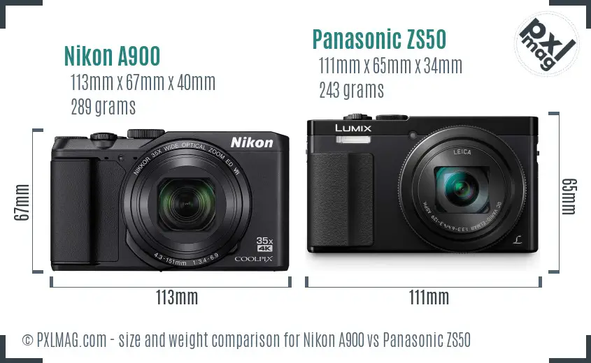 Nikon A900 vs Panasonic ZS50 size comparison