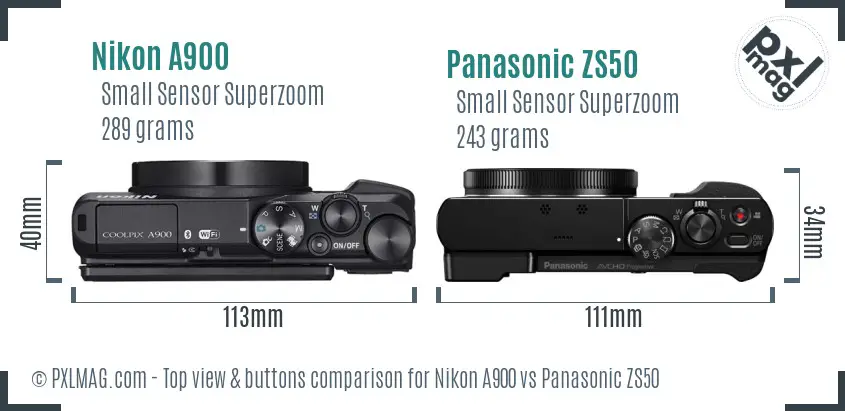 Nikon A900 vs Panasonic ZS50 top view buttons comparison