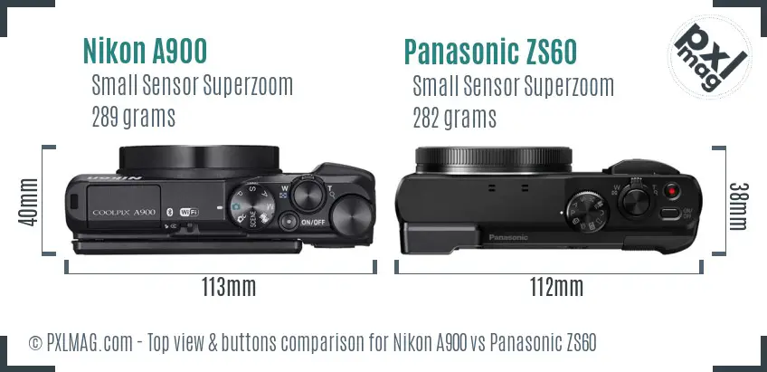 Nikon A900 vs Panasonic ZS60 top view buttons comparison
