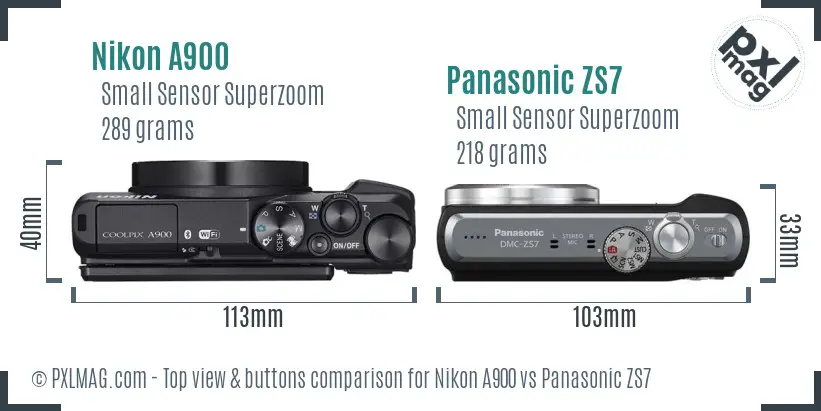 Nikon A900 vs Panasonic ZS7 top view buttons comparison