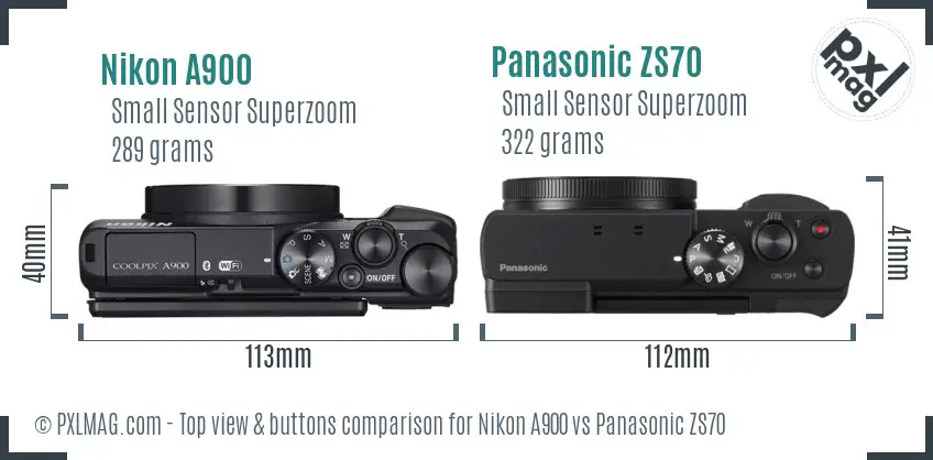 Nikon A900 vs Panasonic ZS70 top view buttons comparison