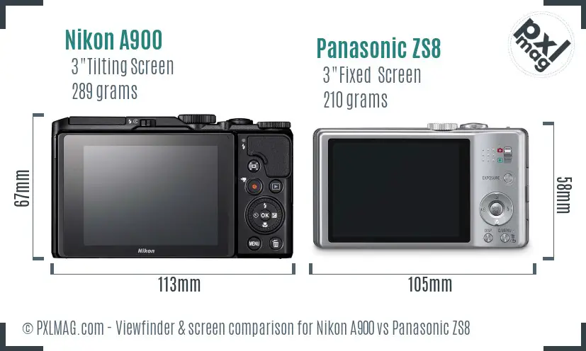 Nikon A900 vs Panasonic ZS8 Screen and Viewfinder comparison