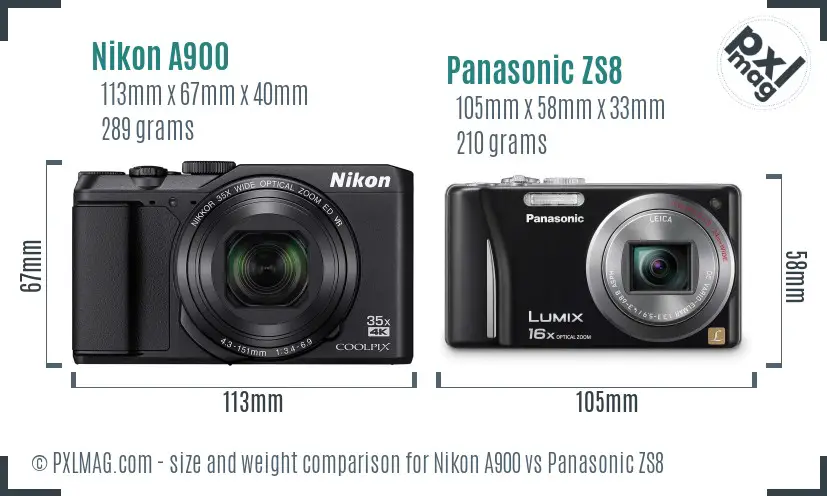 Nikon A900 vs Panasonic ZS8 size comparison