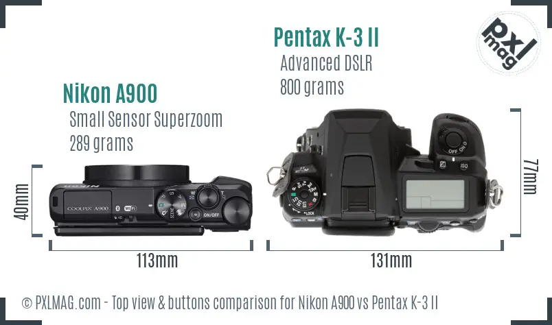 Nikon A900 vs Pentax K-3 II top view buttons comparison