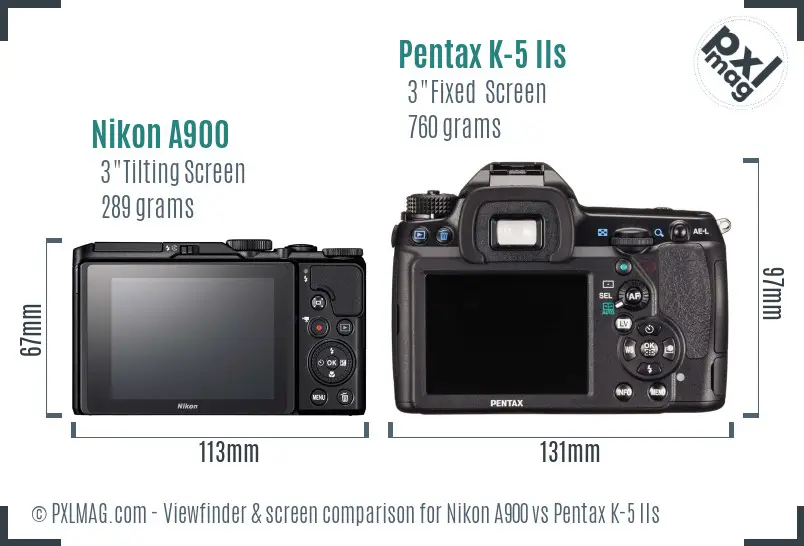 Nikon A900 vs Pentax K-5 IIs Screen and Viewfinder comparison