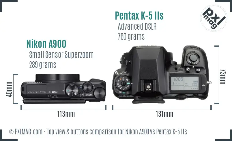 Nikon A900 vs Pentax K-5 IIs top view buttons comparison