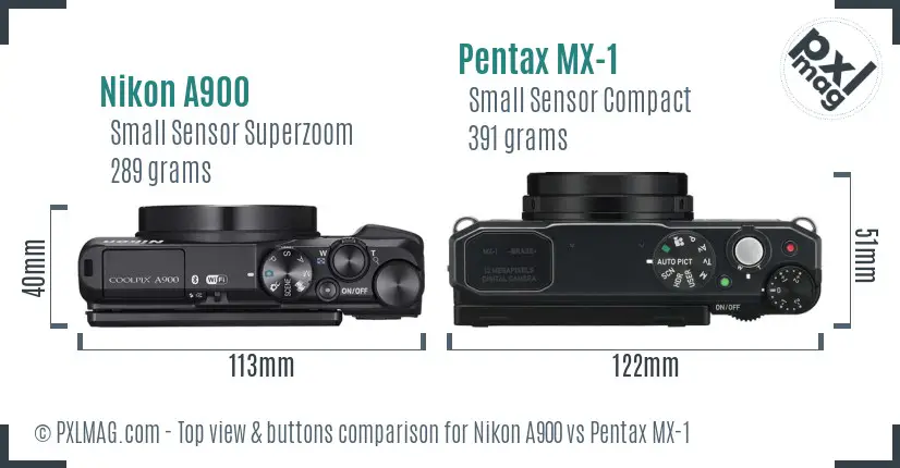 Nikon A900 vs Pentax MX-1 top view buttons comparison Nikon A900 vs Pentax MX-1 top view buttons comparison