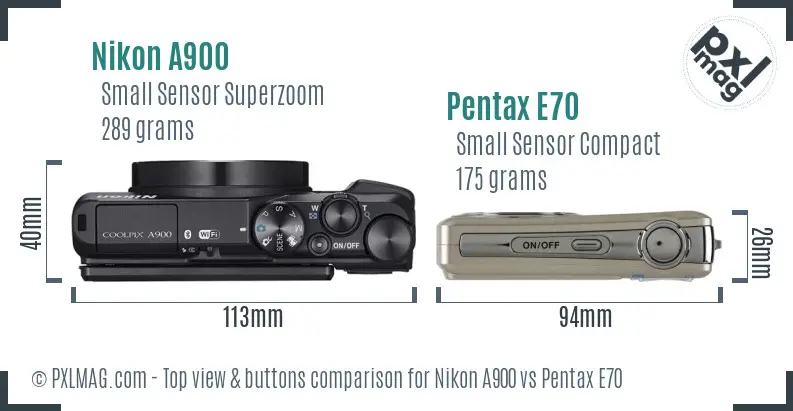 Nikon A900 vs Pentax E70 top view buttons comparison