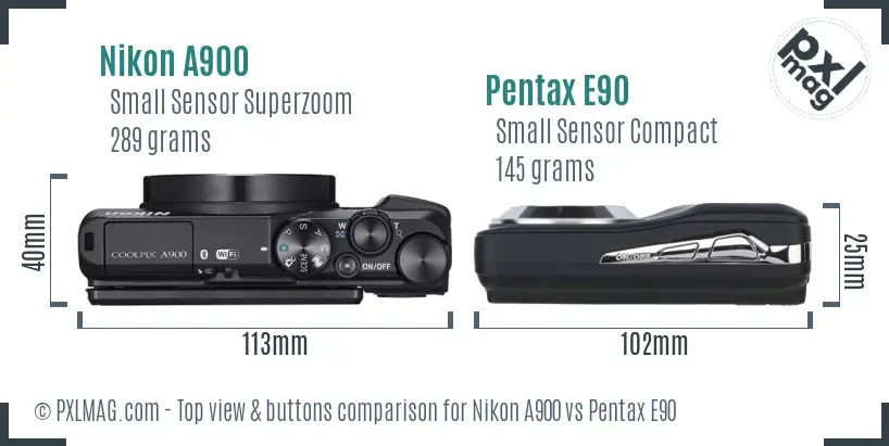 Nikon A900 vs Pentax E90 top view buttons comparison