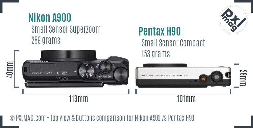 Nikon A900 vs Pentax H90 top view buttons comparison