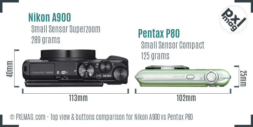 Nikon A900 vs Pentax P80 top view buttons comparison