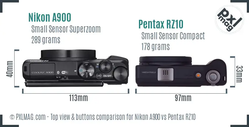 Nikon A900 vs Pentax RZ10 top view buttons comparison Nikon A900 vs Pentax RZ10 top view buttons comparison