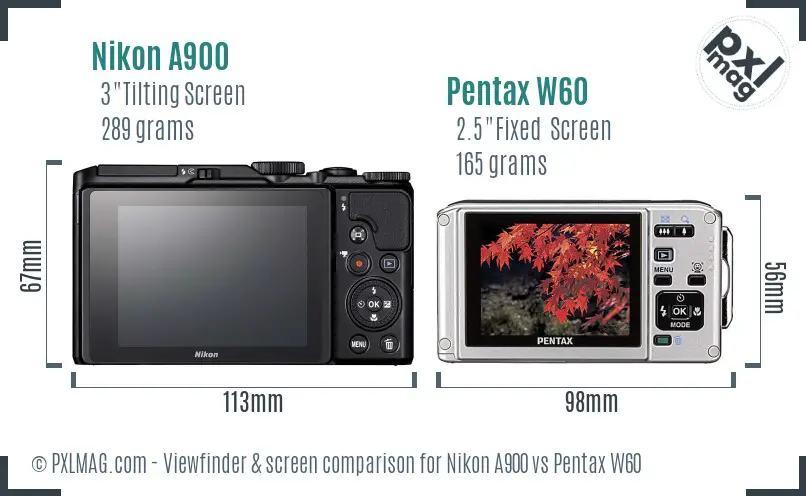 Nikon A900 vs Pentax W60 Screen and Viewfinder comparison