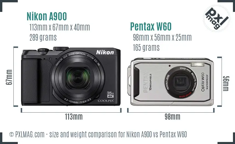 Nikon A900 vs Pentax W60 size comparison