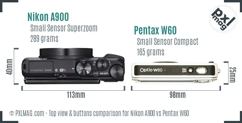 Nikon A900 vs Pentax W60 top view buttons comparison