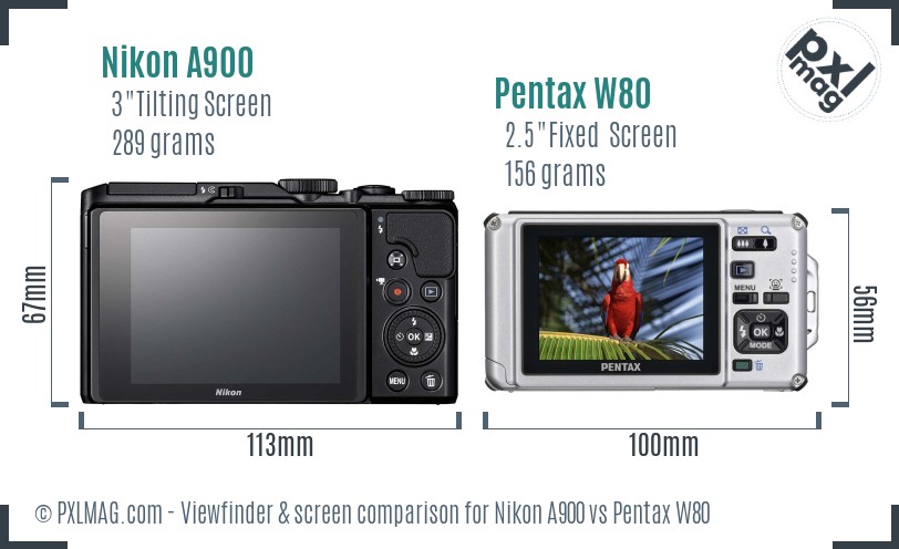 Nikon A900 vs Pentax W80 Screen and Viewfinder comparison