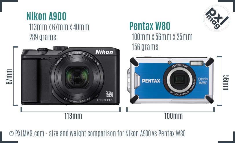 Nikon A900 vs Pentax W80 size comparison