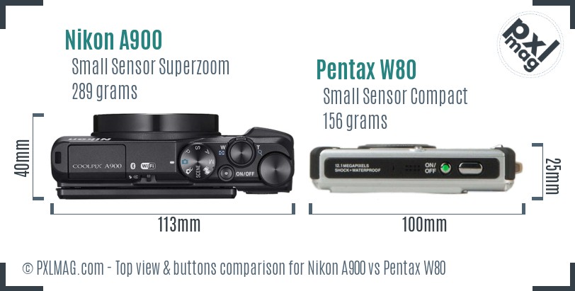 Nikon A900 vs Pentax W80 top view buttons comparison