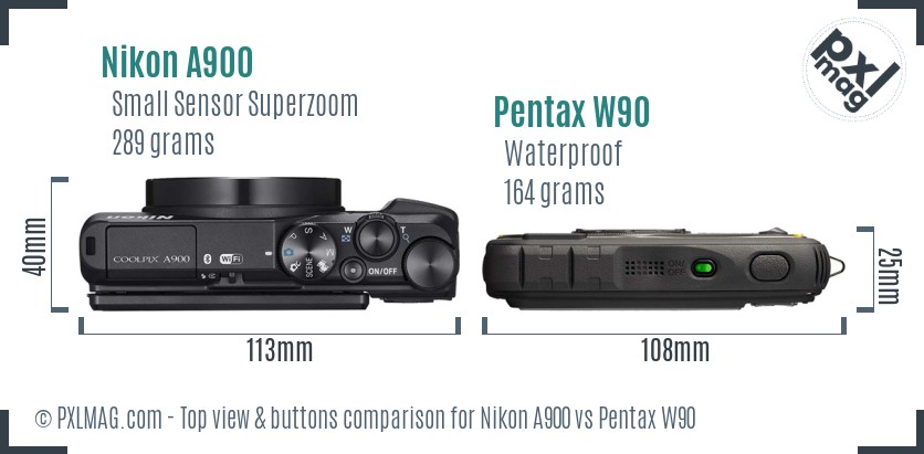 Nikon A900 vs Pentax W90 top view buttons comparison