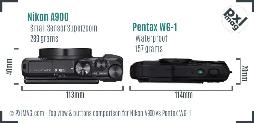 Nikon A900 vs Pentax WG-1 top view buttons comparison