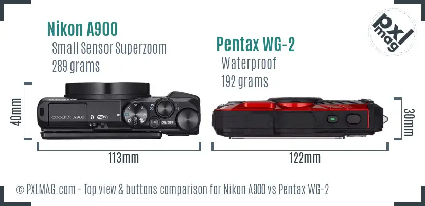 Nikon A900 vs Pentax WG-2 top view buttons comparison
