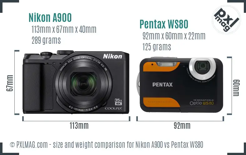 Nikon A900 vs Pentax WS80 size comparison