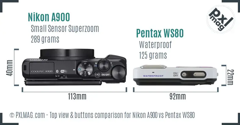 Nikon A900 vs Pentax WS80 top view buttons comparison