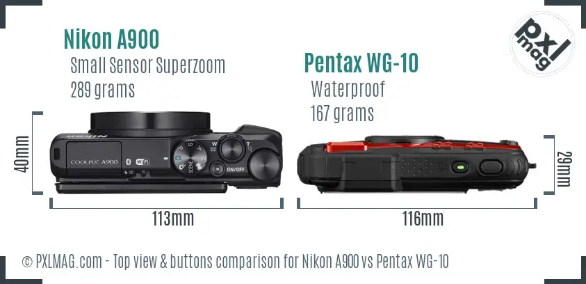 Nikon A900 vs Pentax WG-10 top view buttons comparison