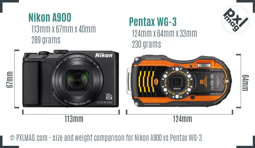 Nikon A900 vs Pentax WG-3 size comparison