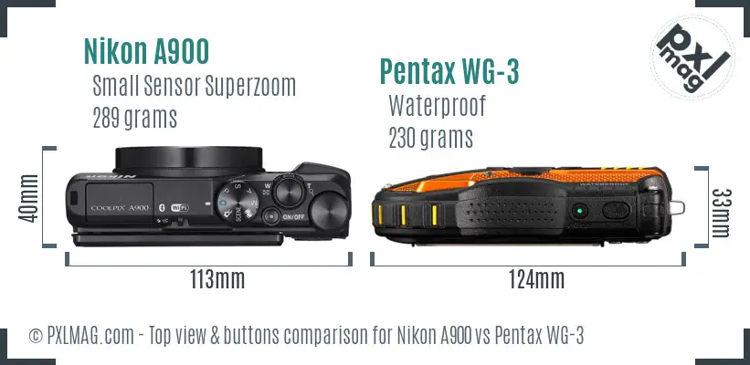 Nikon A900 vs Pentax WG-3 top view buttons comparison